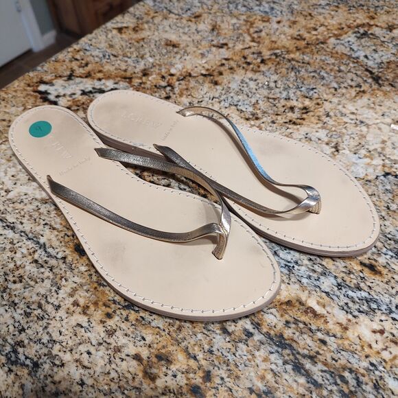 J.Crew Capri Skinny Strap Flip Flop Leather Sandals Silver Metallic Ice Sz 9 - Picture 2 of 6